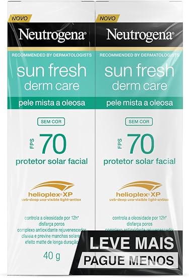 Neutrogena Sun Fresh Protetor Solar Facial Para Pele Oleosa Derm Care, FPS 70, Sem Cor, Kit com 2 Unidades de 40g Menor preço em Neutrogena Sun Fresh Protetor Solar Facial Para Pele Oleosa Derm Care, FPS 70, Sem Cor, Kit com 2 Unidades de 40g