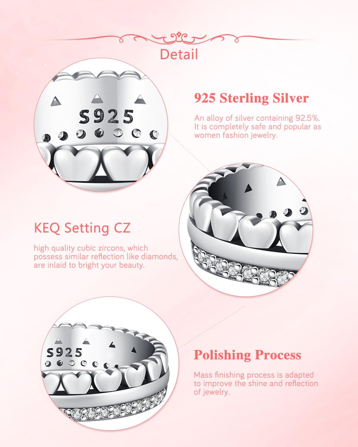 KEQ S925 Sterling Silver Band of Hearts Ring for Women Linked Love Stackable Ring Jewelry Christmas Birthday Gifts for Daughters Mom Sister Wife Friends Grandma Size 6-8