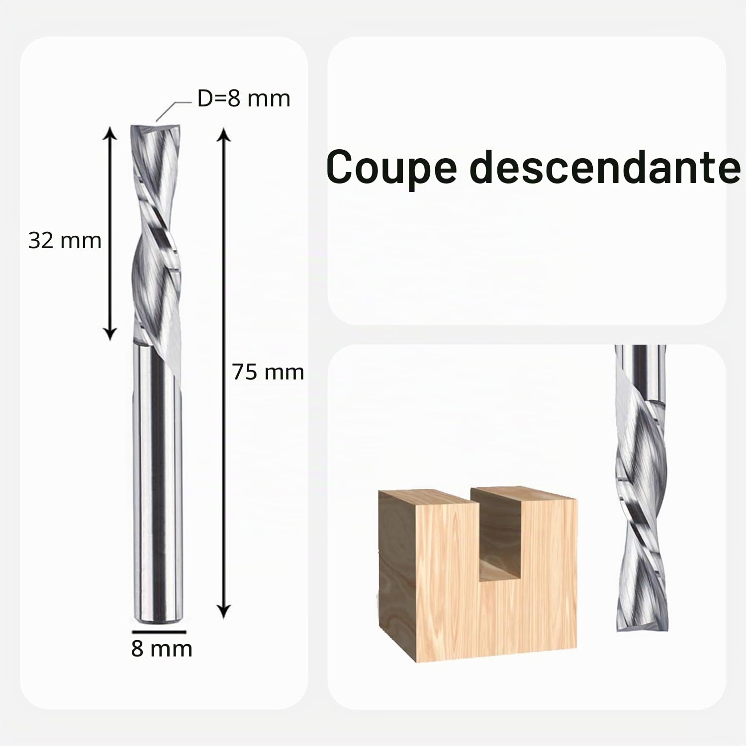 SpeTool Lot de 2 fraises à rainurer en spirale 8 mm Tige Downcut 32 mm Longueur de coupe Fraise à rainurer Fraise hélicoïdale 2 flûtes Routeur Bit Fraise pour défonceuse Bois CNC Fraise à queue VHM