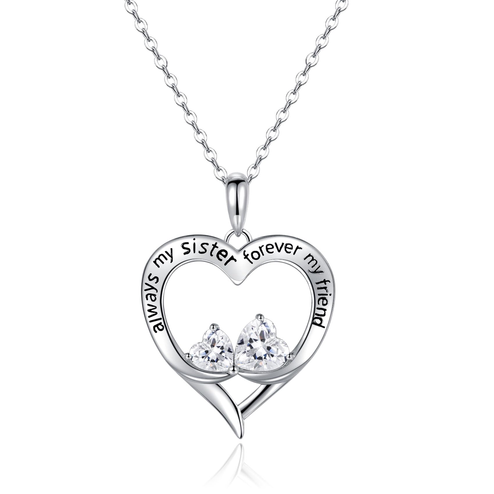 Silver Sister Necklaces, Sister Birthday Gifts from Sister, Sterling Silver Necklace Christmas Gifts for Sis, Heart Cubic Zirconia Necklace Jewellery Gift for Her