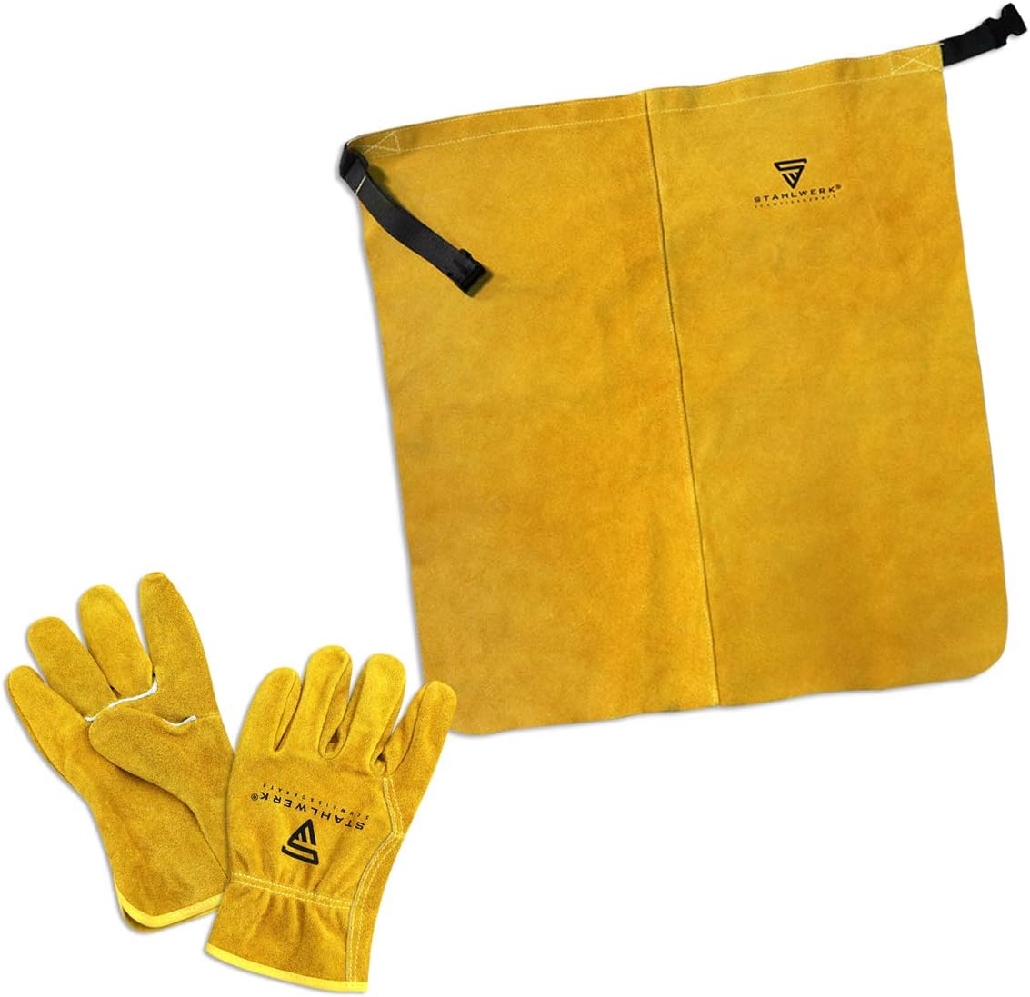 STAHLWERK welding protective set: working gloves + apron short real leather for TIG/MIG/MAG/MMA/Plasma, heat and fire resistant, white-yellow