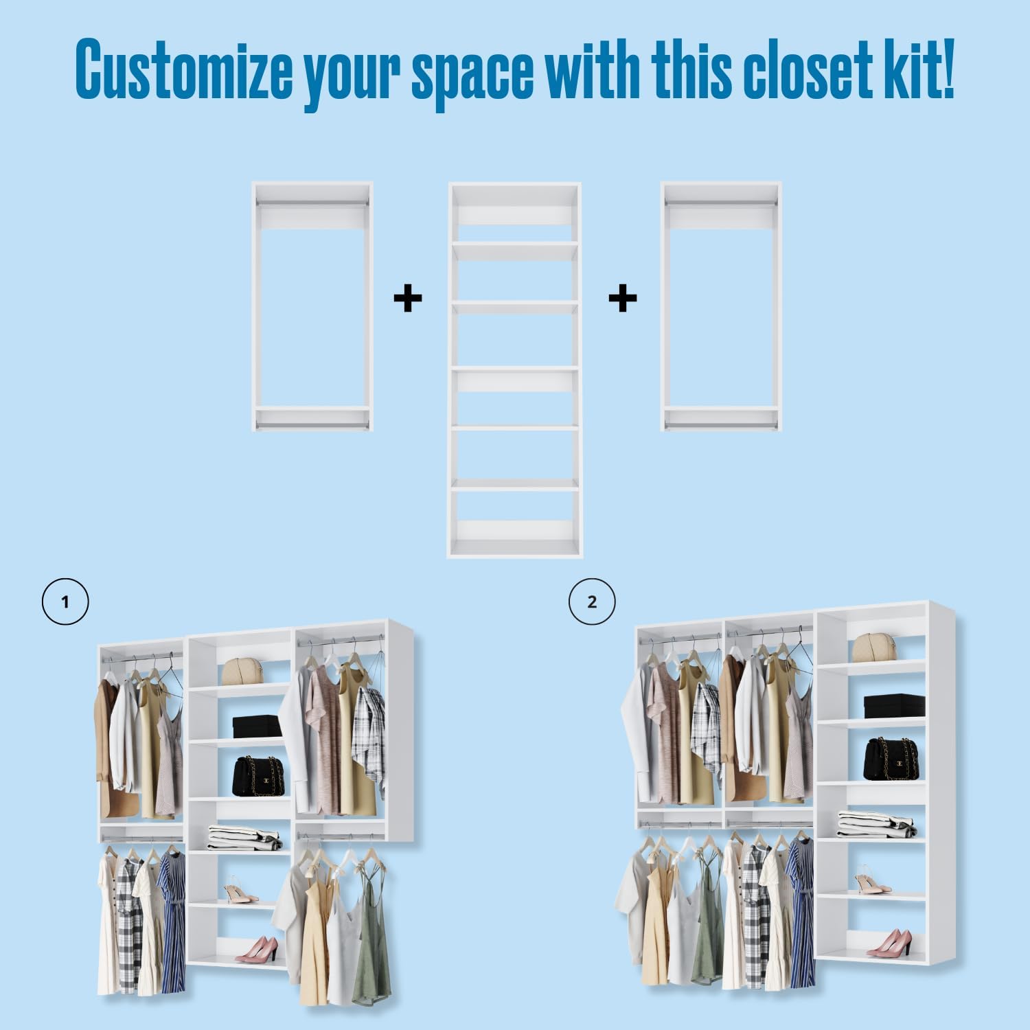 Modular Closets Vista Collection Closet Organizer System - 3 Piece Wall Mounted Kit with Hanging Rods & Shelves, White, Fits Closets 81” or wider