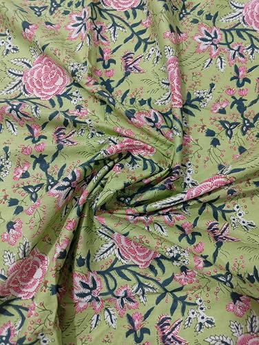 Image of Doraya Pure Cotton Dress Making Fabric Sanganeri Print Jaipuri Hand Block Printed Unstitched Dress Material for Women Blouse /Plazzo,Kurti /Lehenga Piece Womens 43 inch Inches Width (Green 2, 5 Meter)