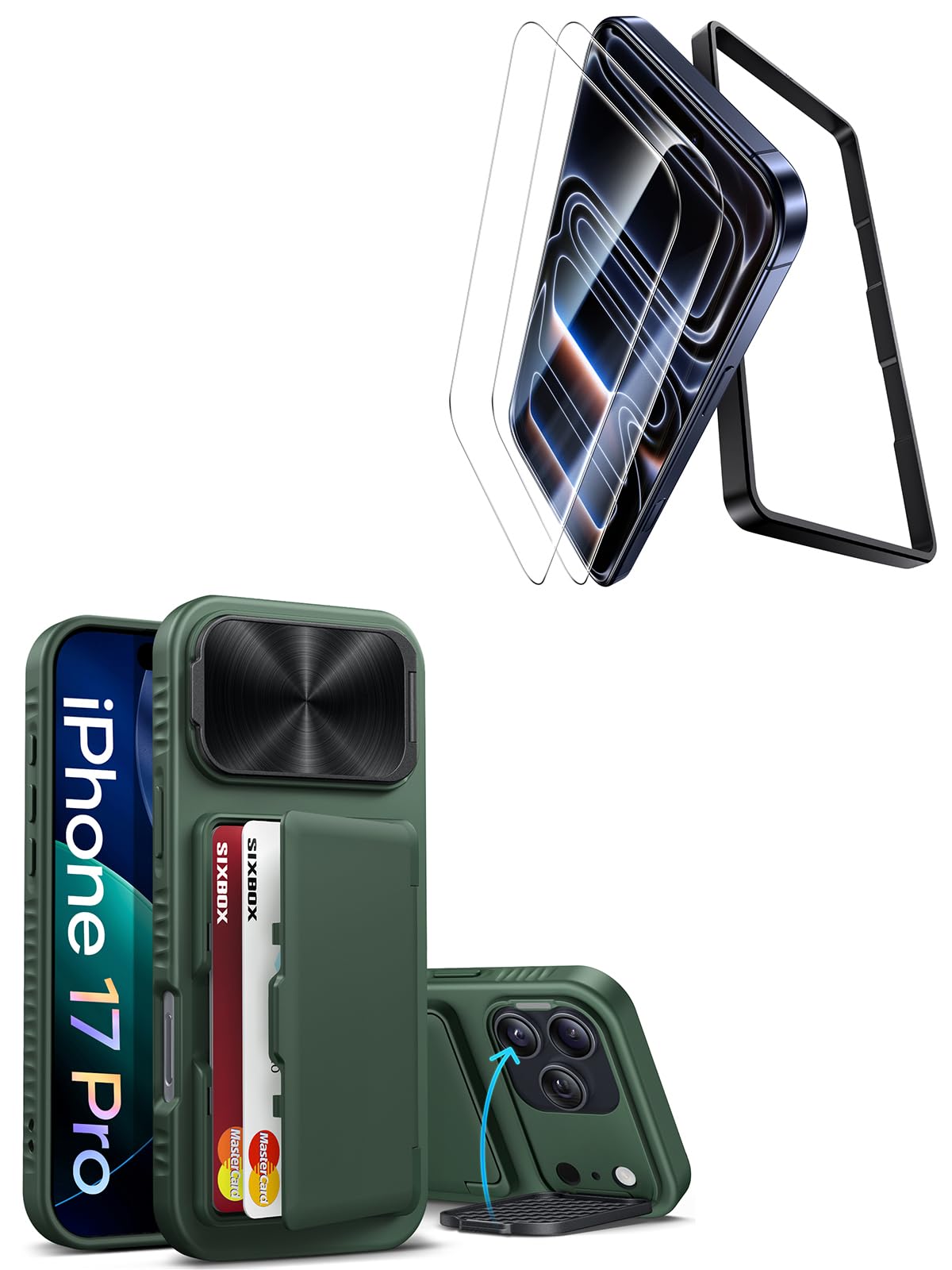 SIXBOX for iPhone 17 Pro Case Wallet with 2 Pack Screen Protector, Stand & Card Holder & Camera Cover, Rugged Military Grade Drop Protection Heavy Duty Hard Cover Case for iPhone 17 Pro 6.3", Green