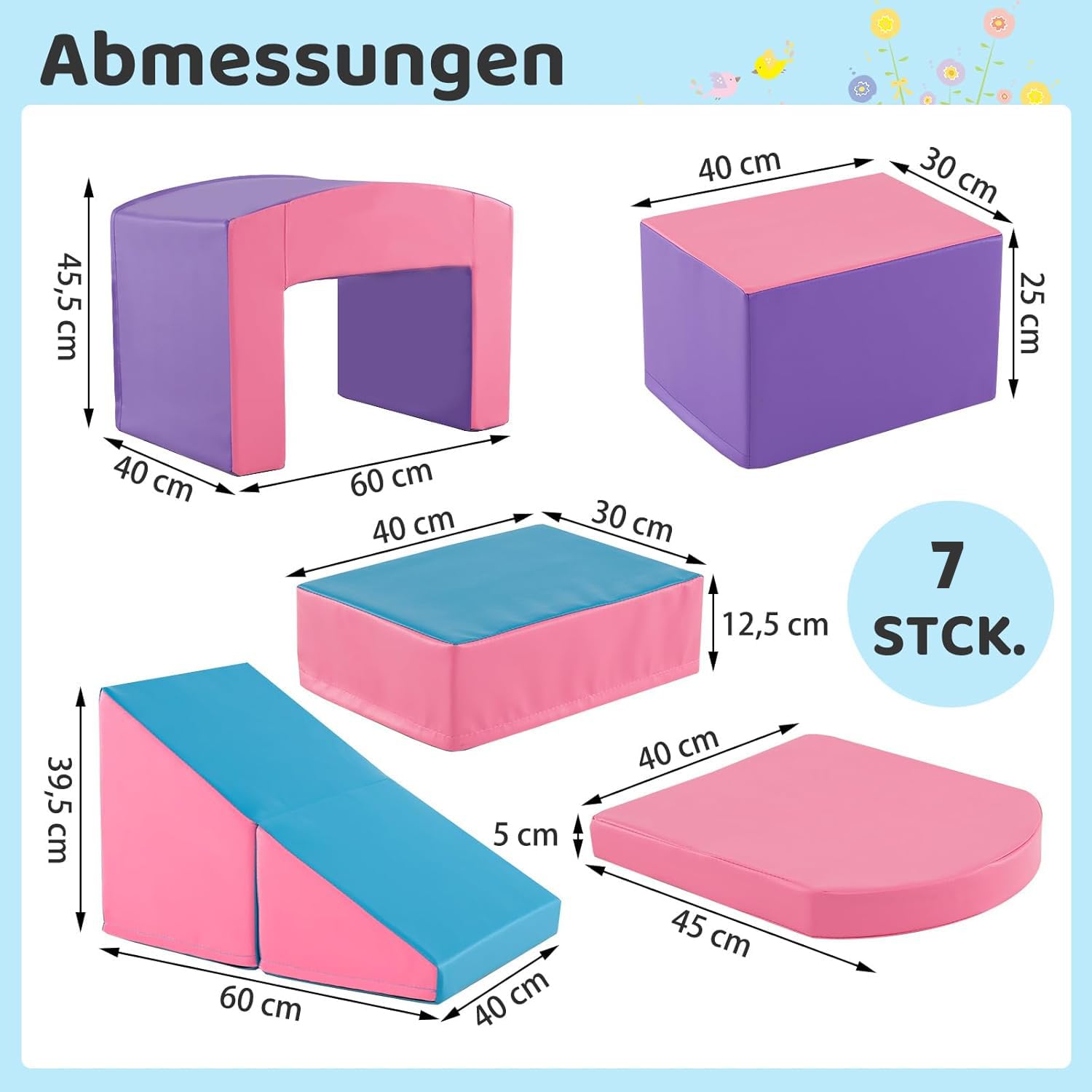COSTWAY 7 TLG. Schaumstoffbausteine, Softbausteine mit Tunne, Treppe & Rampe, EN71-zertifiziert, Riesenbausteine zum Klettern & Toben, Großbausteine aus Schaumstoff Indoor für Kinder (Lila+Rosa)