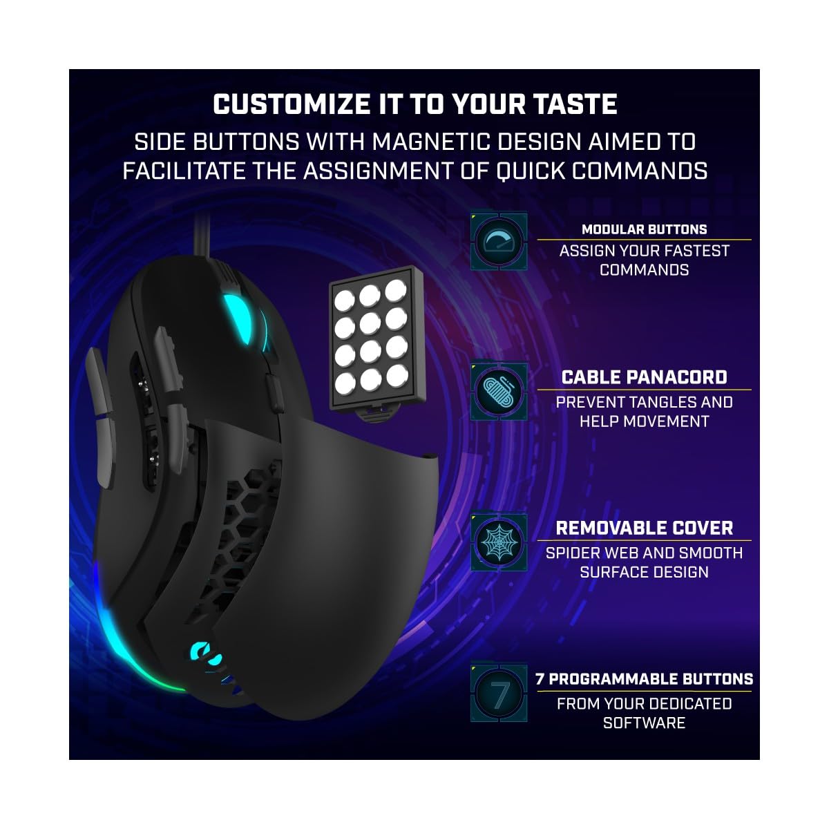 Mouse da gioco professionale Newskill Arakne Tournament, cablato, RGB personalizzabile, sensore ottico, 16000 DPI regolabili, 9 pulsanti programmabili, peso personalizzabile, nero