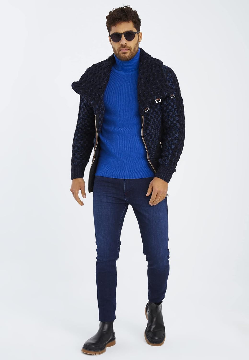 Leif Nelson Men's Knitted Jacket Turtleneck Cardigan Winter Pullover Hoodies Casual Sweaters Jumper LN5340 Medium Blue-indigo