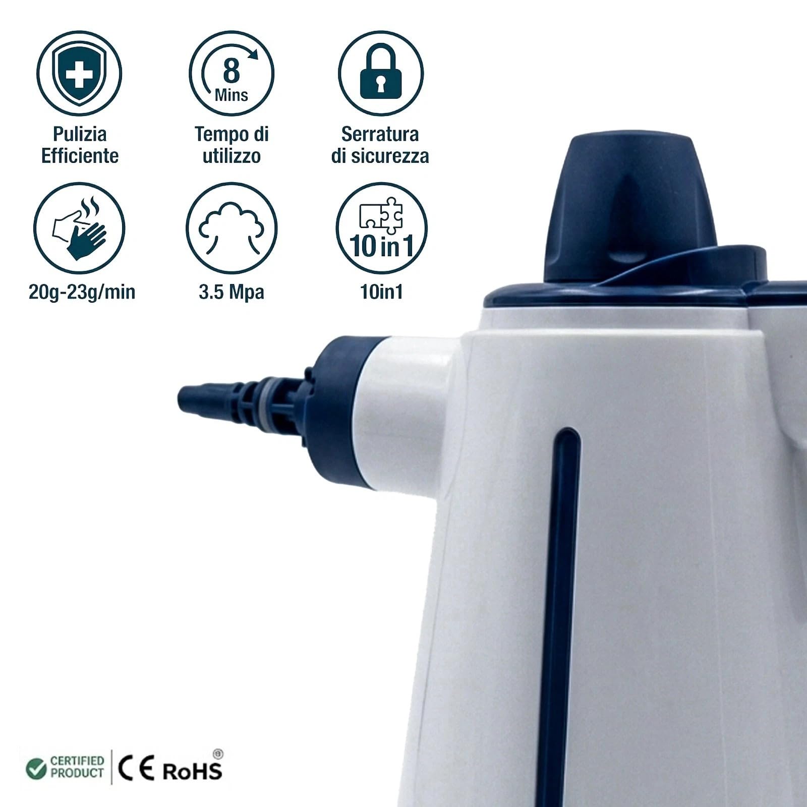 Pulitore a Vapore Portatile Multiuso 5 Accessori Igienizzante 110° Sterilizzatore di Virus e Batteri Panno per Rimuovere Macchie Pavimento Divano Moquette Tende Sedile Auto Cucina (A - 350 ml)