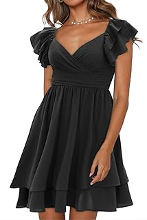 Women's Summer Dress Casual Wrap V Neck Flutter Sleeve Double Layer Ruffle Wedding Guest Short Mini Dresses - Buy now