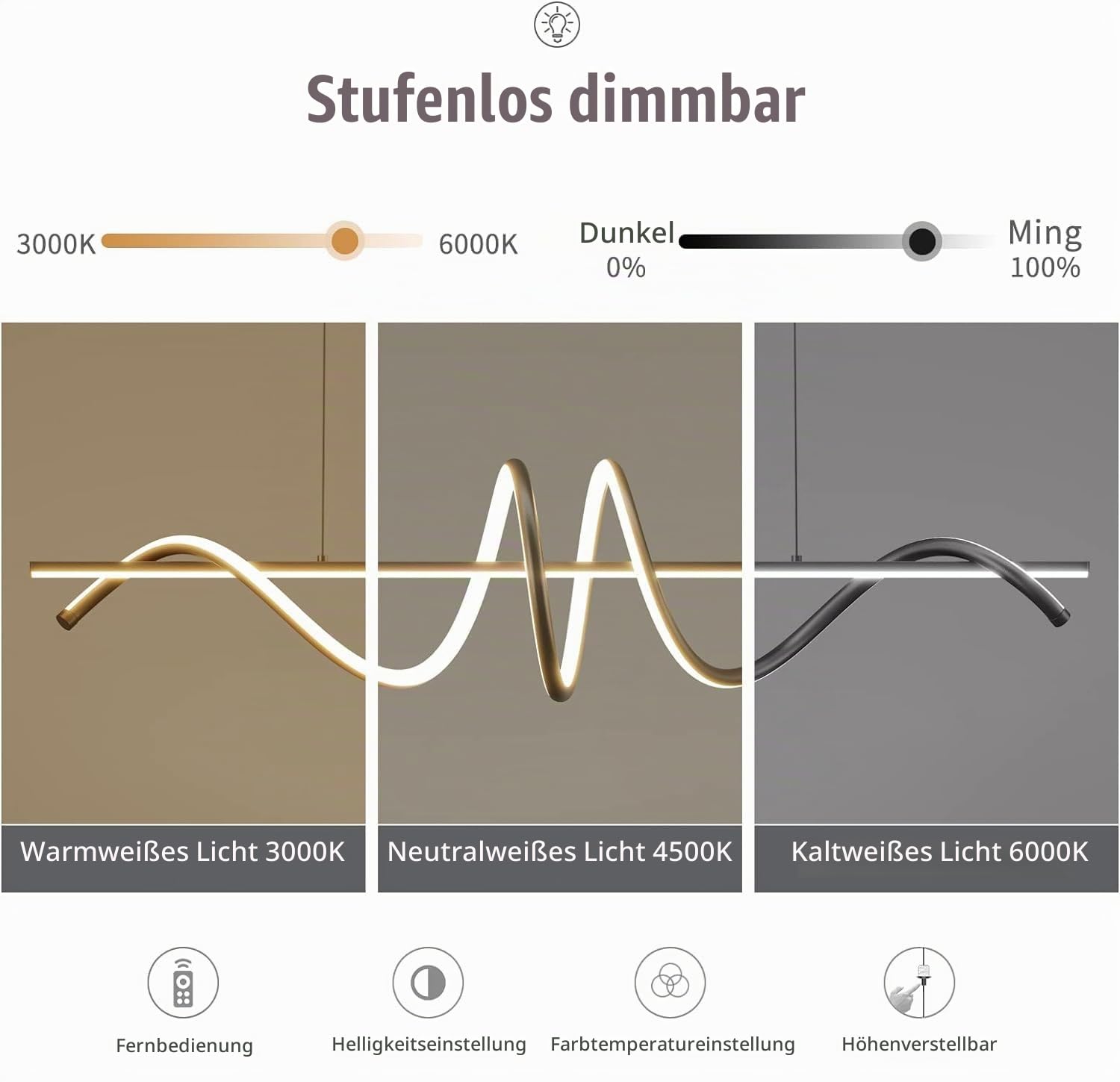 Mikeru Hängelampe Esstisch 100CM, Modern Spirale Hängelampe Schwarz LED Pendelleuchte Esszimmer Dimmbare 10%-100% 3000K/4500K/6000K Mit Fernbedienung, Höhe 150cm Einstellbar Für Küche, Wohnzimmer