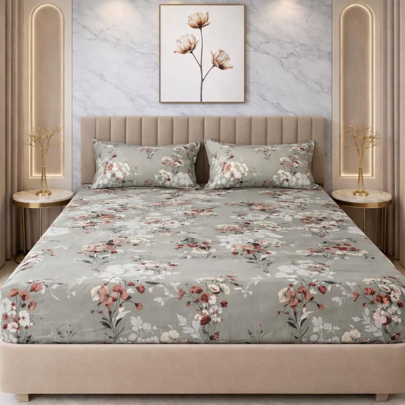 Image of THEA King Elastic Fitted Double Bedsheet Set| 180 TC Cloud Soft Cotton Touch| 1 King Elastic Double Bedsheet for King Size Bed (72 X 78 x 10 inches) with 2 Pillow Covers,Sage Whisper