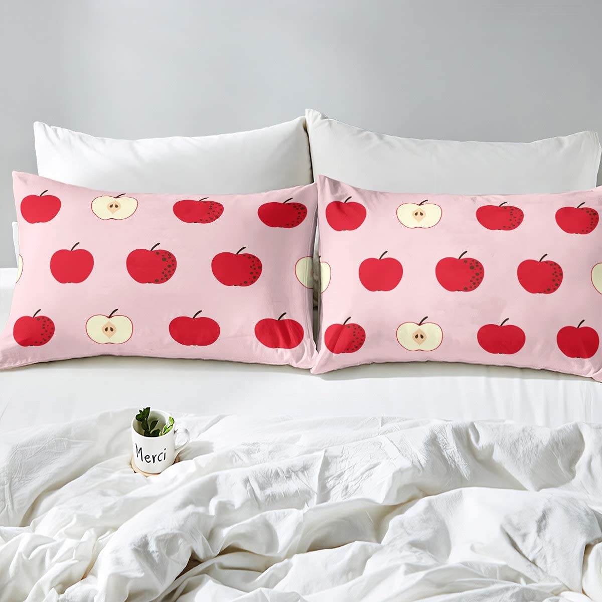 Juego de ropa de cama de manzana con relleno de frutas tropicales rojas, para niños y niñas, acuarela, color rosa manzana, edredón geométrico de plumón, 2 piezas, tamaño individual