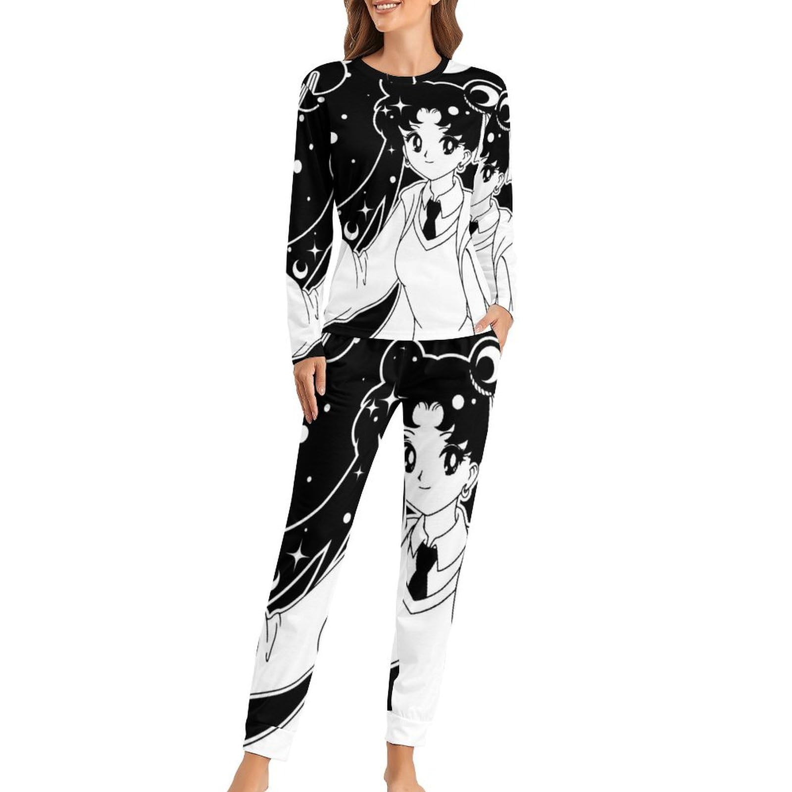 UMENG Anime Mädchen Damen Schlafanzug Lange Pyjama Set Zweiteiliger Nachtwäsche Langarm Hausanzug Sleepwear