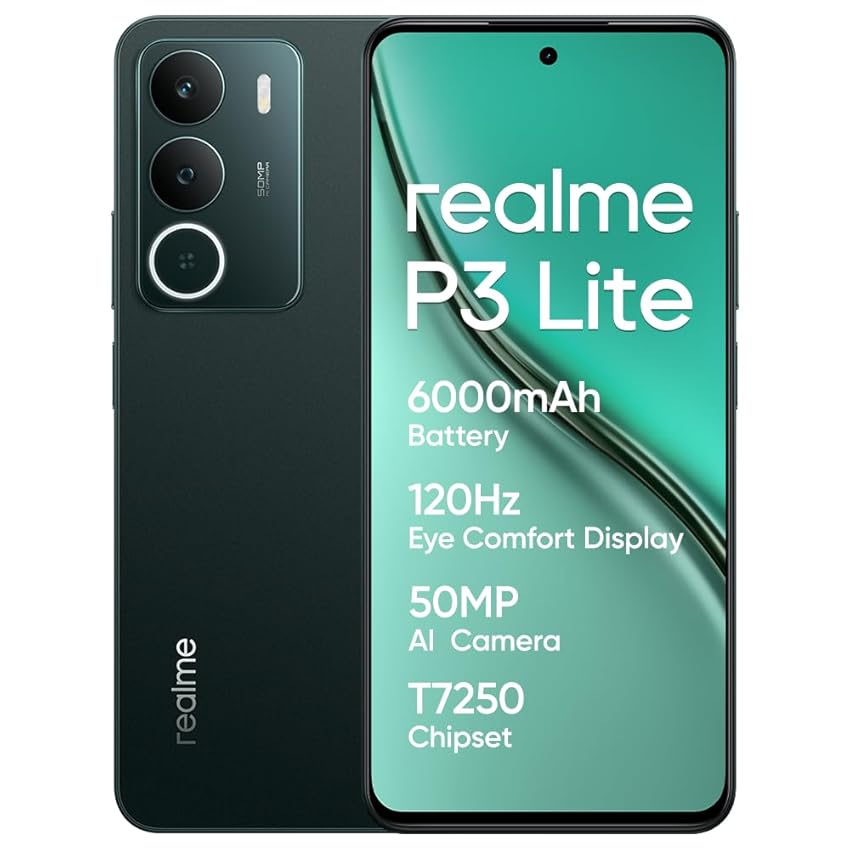 realme P3 Lite Smartphone 8+256 GB, Fotocamera AI da 50 MP, Processore Octa-Core, Display Eye Comfort a 120Hz, Protezione ArmorShell, Batteria da 6000mAh, 15W Ricarica rapida, Pine Green