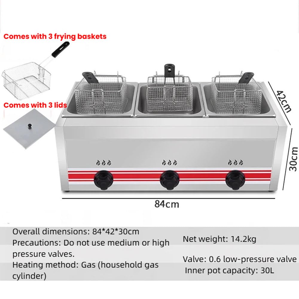 Freidora de gas LPG de acero inoxidable de 10/20/30L, freidora de grasa para encimera comercial y doméstica con cestas de freír, potencia de fuego ajustable de 10 L