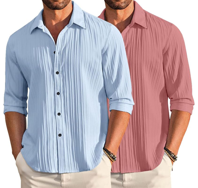 Image of DEELMO Combo of Men's Casual Button Down Shirts Long Sleeve Linen Shirt Fashion Textured Summer Shirts Pack of 2