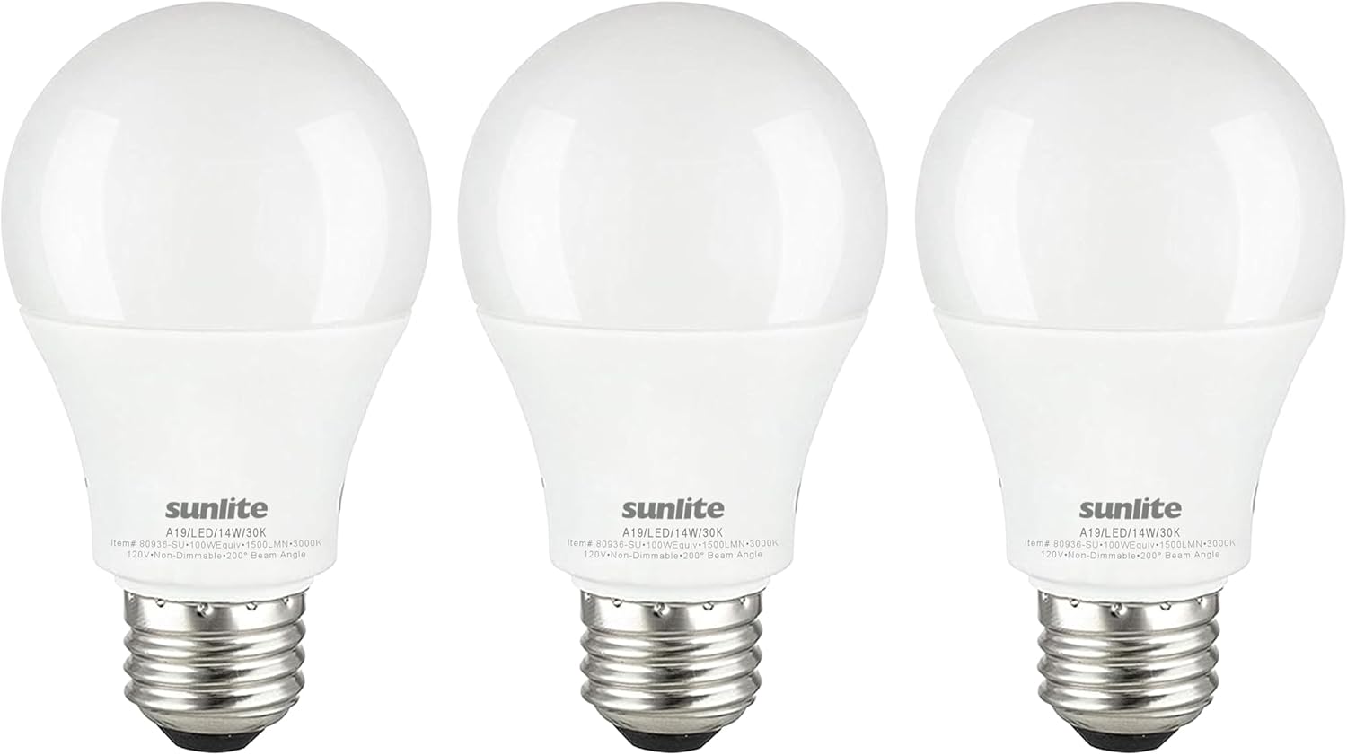 Sunlite LED A19 Light Bulbs, 15 Watts (100W Equivalent), 120V, 1500 Lumens, Standard E26 Base, Non-Dimmable, 220 Degree Beam Angle, ETL Listed, 4000K Cool White, 3 Pack
