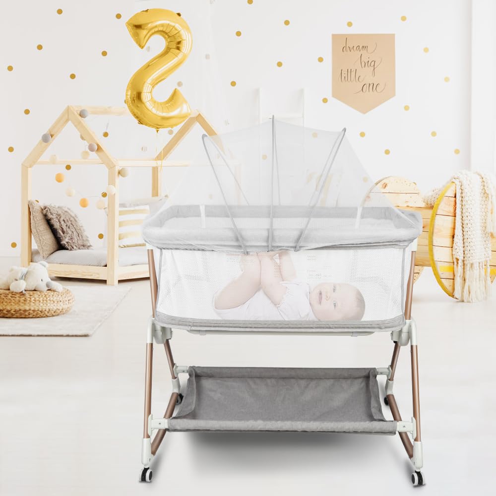 homewell 3 in 1 Babybett, Beistellbett Baby & Stubenwagen, Verstellbarer Co-Sleeper, Höhenverstellung und Einstellung der Neigung der Matratze, 4 Räder mit Bremse