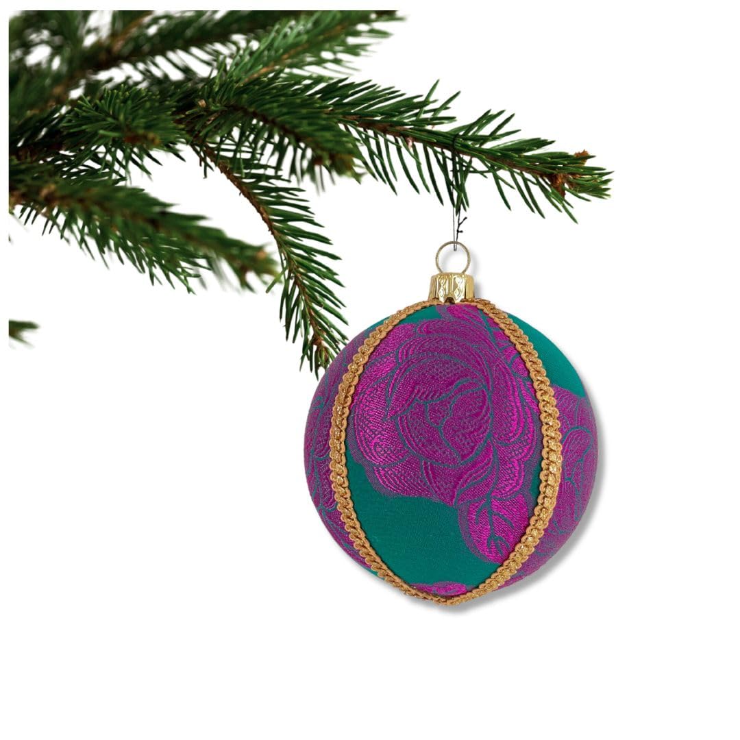 Purple Rose Bauble – 8 cm | Teal & Purple Floral Brocade Fabric with Gold Trim | Luxury Handmade Bauble | Sustainable Year-Round Decor | UK Artisan Crafted Gift | Elegant Home & Event Styling