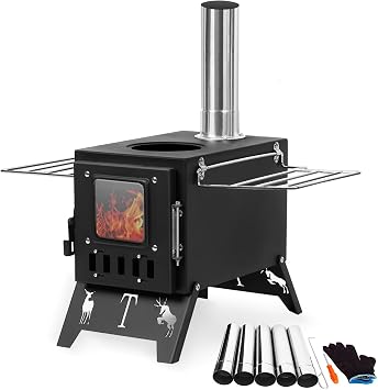 Wood Stove, Camping Burning Stove with Pot Rack, Chimney Pipe and Glass Window, Portable Tent Wood Stove Heater for Picnic Fishing Hiking