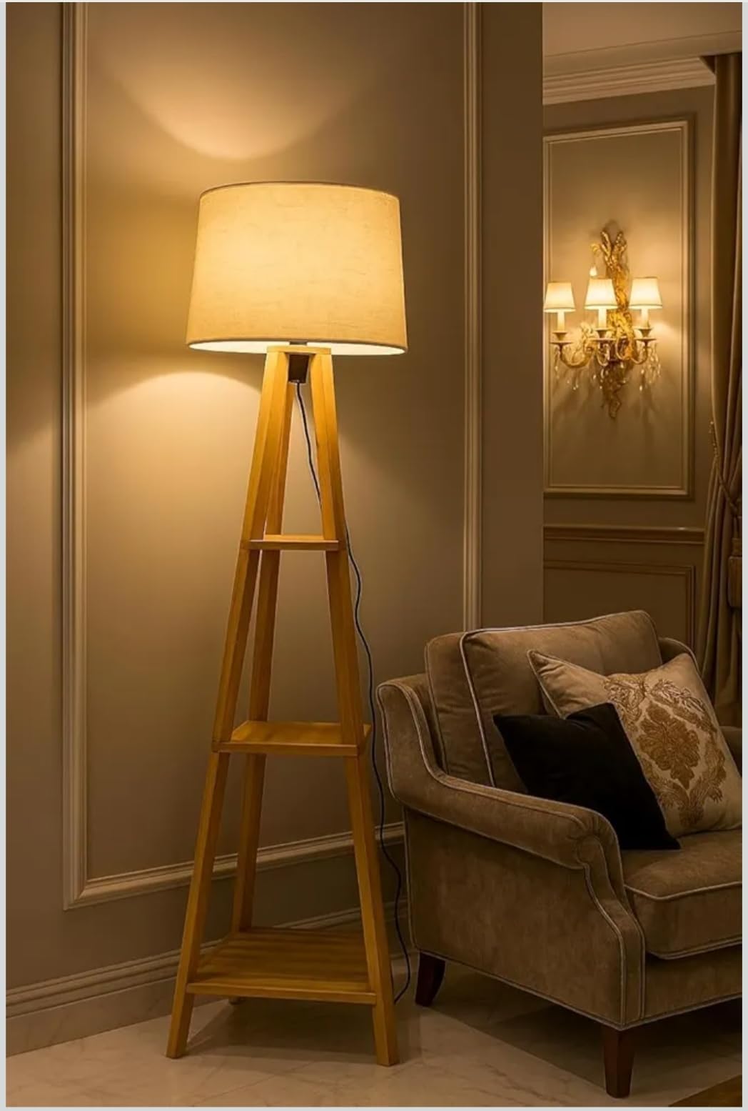 Glorik Modern Floor Lamp with Storage Shelves, Wooden Frame, Linen Shade, Standing Light for Living Room, Home Decor