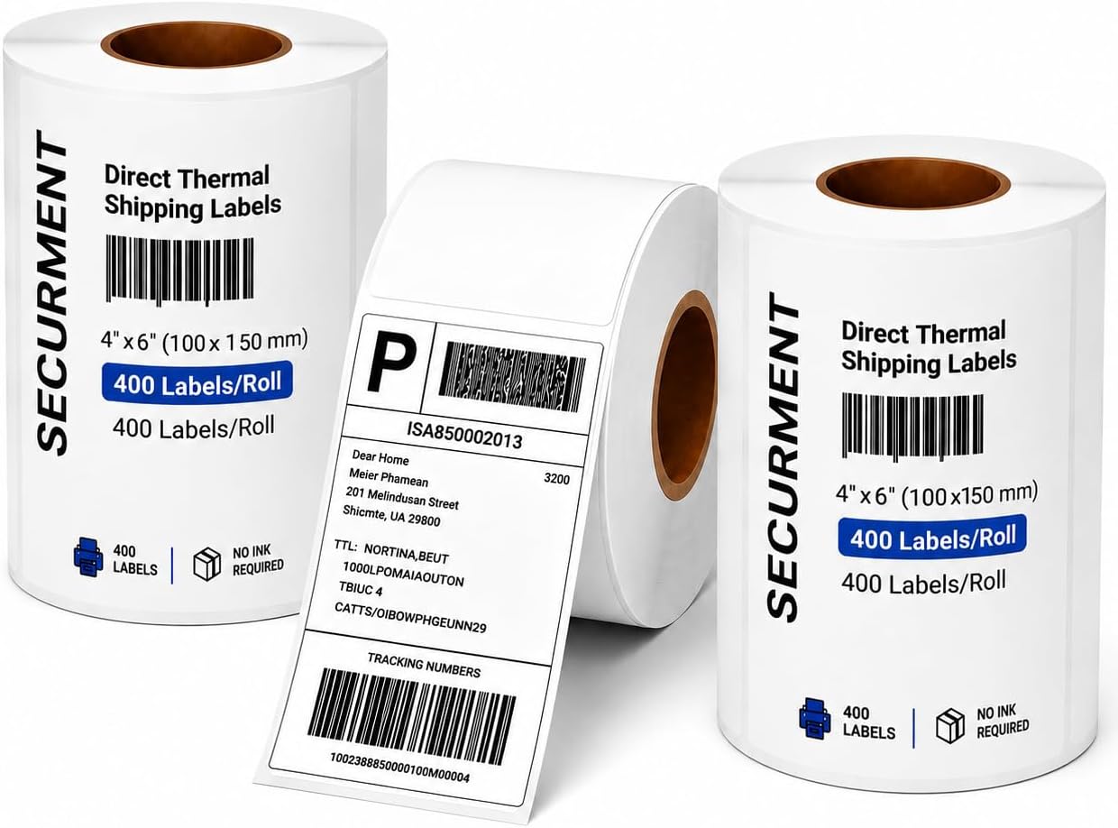 SECUREMENT® White Direct Thermal Shipping Labels 4" x 6" (100 x 150 mm) | 400 Labels Per Roll | Self Adhesive Barcode Label Roll | Compatible with Direct Thermal Label Printer