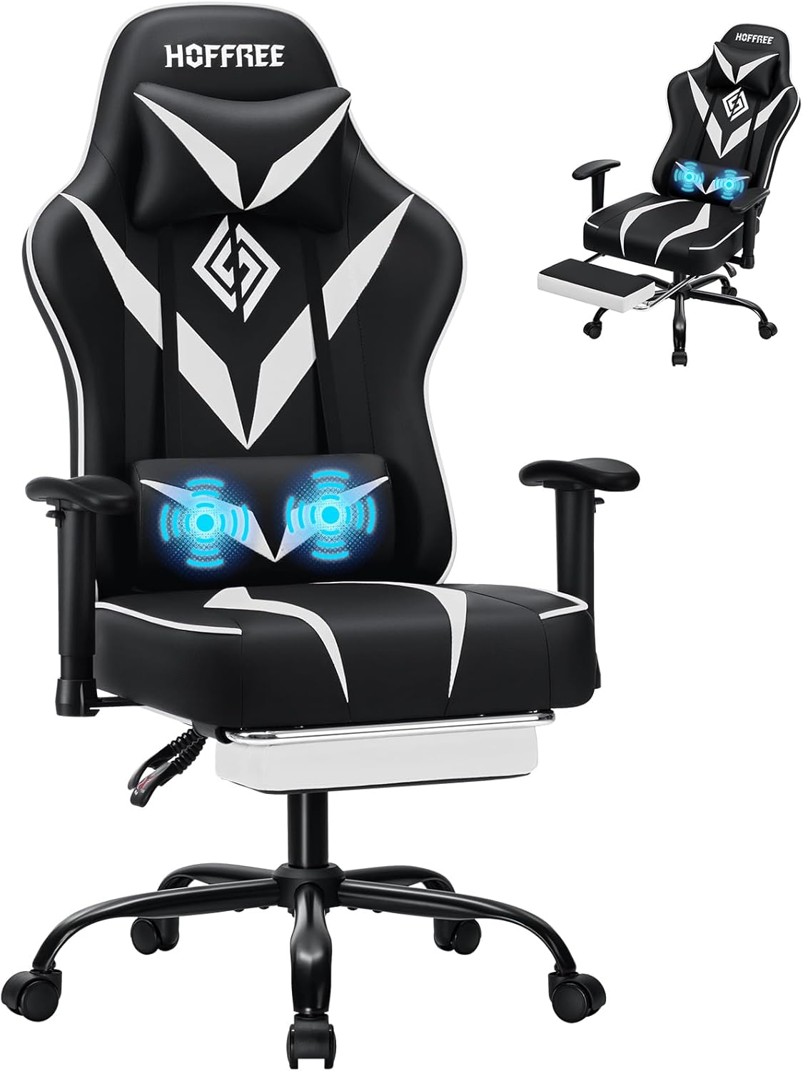 HOFFREE Massage Gaming Chair for Adults 155° Reclining Computer Gamer Chair with Footrest and Adjustable Armrests Ergonomic Video Game Chairs White and Black HOFFREE Massage Gaming Chair for Adults 155° Reclining Computer Gamer Chair with Footrest and Adjustable Armrests Ergonomic Video Game Chairs White and Black