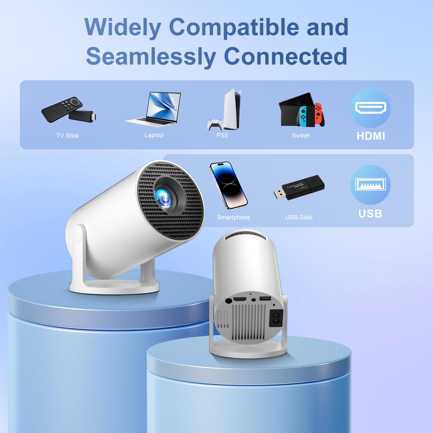 Salange Mini Proyector 4K, Proyector Portátil Inteligente Android 14 WiFi 6 Bluetooth 5.4, Corrección Trapezoidal Automática, 8000L, Rotación 270°, Interior y Exterior, Blanco