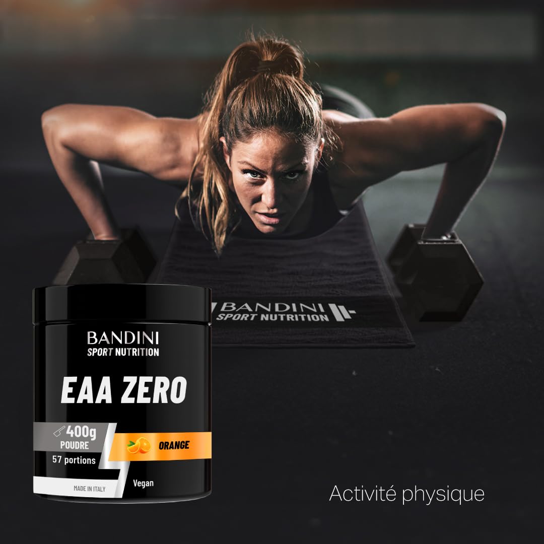 Bandini® EAA ZERO Poudre | Acides Aminés Essentiels AAE 400g Powder | Supplément Végétalien Sans Sucre | Apport Optimal de 9 Amino Acids | Puissant Pre Workout | Boisson Vegan au goût d'Orange