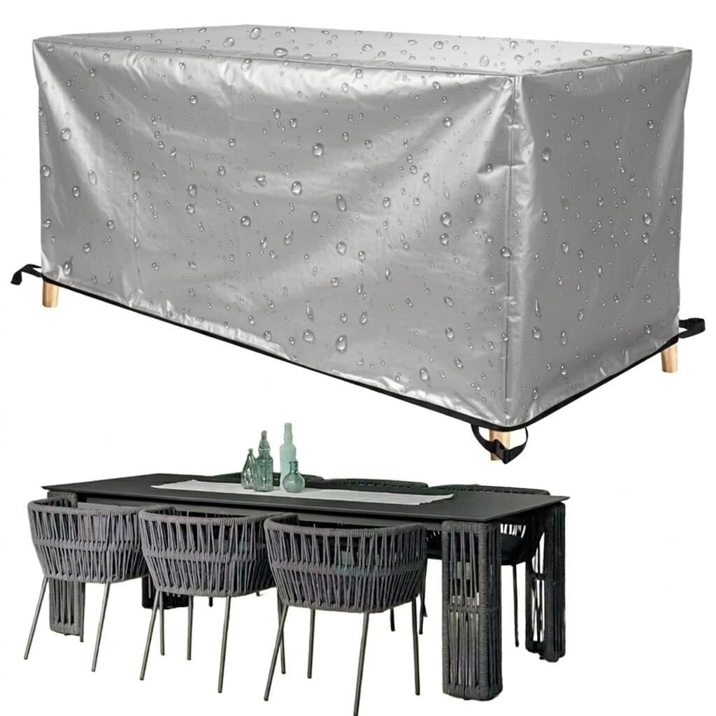 Waterproof Garden Table Cover, Protective Cover for Patio Furniture, Made of Black 420D Oxford Fabric, Light-Resistant, for All Seasons (Silver, 225 x 70 x 110 cm/Length x Width x Height)