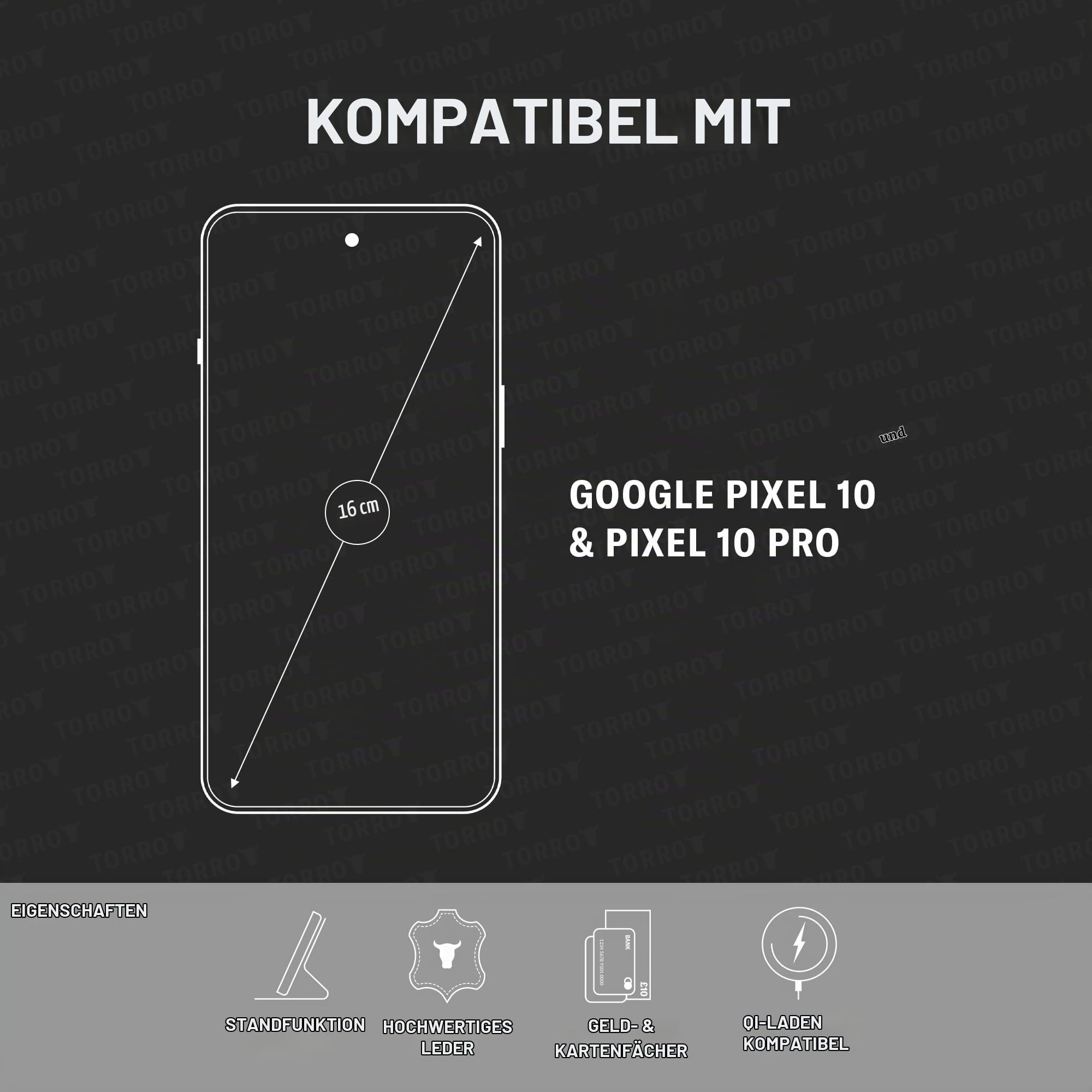 TORRO Hülle kompatibel mit Google Pixel 10 / Pixel 10 Pro 6.3” 2025 – Echt Leder Hülle mit Standfunktion und Kartenfächern (Schwarz)