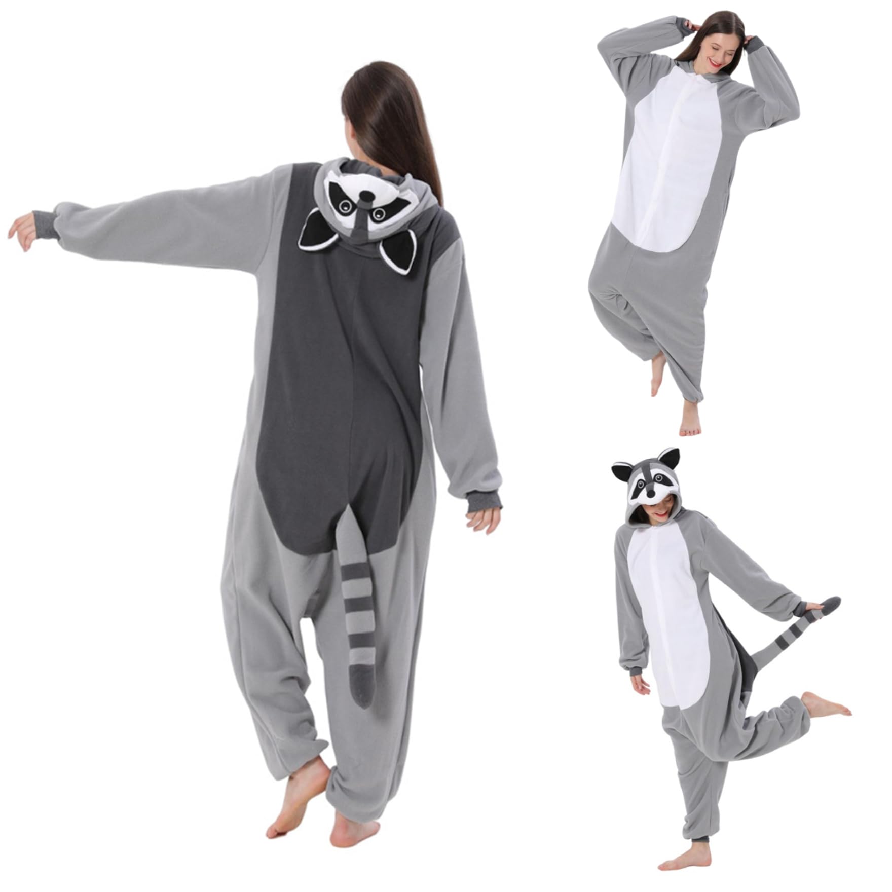 Mono de Mapache para Adulto Pijama de Mapache con Capucha y Cola Mono de Animal de Forro Polar con Cierre de botón Disfraz Lindo y térmico para Navidad, Halloween.