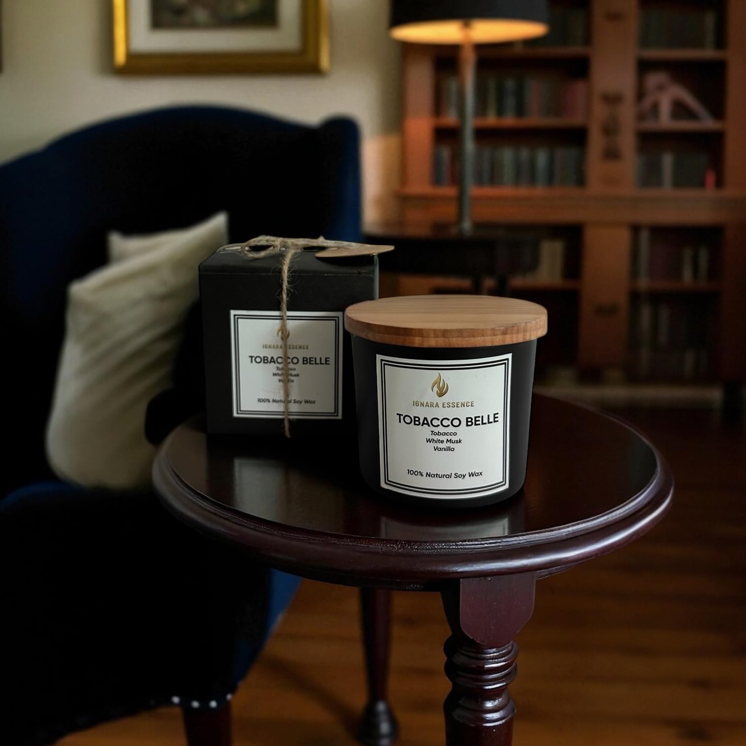 Ignara Essence Tobacco Belle Scented Candle | 100% Natural Soywax | Black Glass Jar | Tobacco, White Musk & Vanilla Fragrance | 100g-image-3