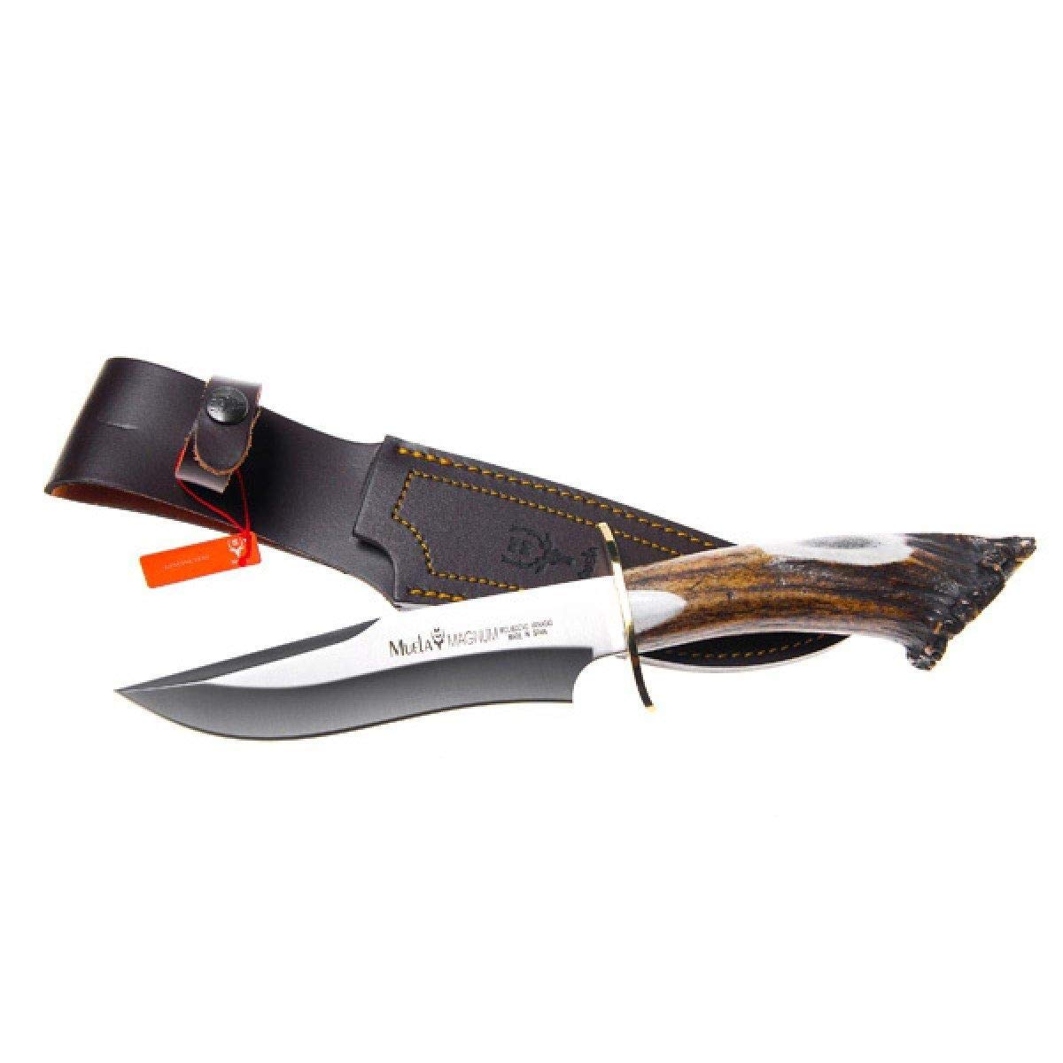 Muela Cuchillo MAGNUM MAGNUM-17S hoja de acero MoVa de 18 cm y empuñadura de asta de ciervo para Caza, Pesca, Supervivencia y Bushcraft Realizado en Ciudad Real + Portabotellas de regalo