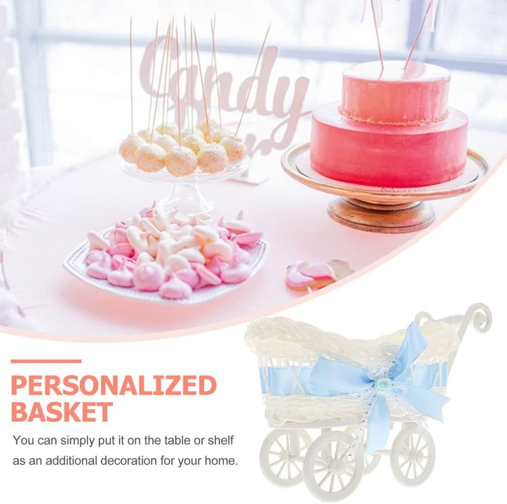 ARTIBETTER 2pcs Wicker Stroller Rattan Woven Basket Candy Snacks Goodie Treat Cart for Baby Shower Centerpieces Decoration Sky-blue