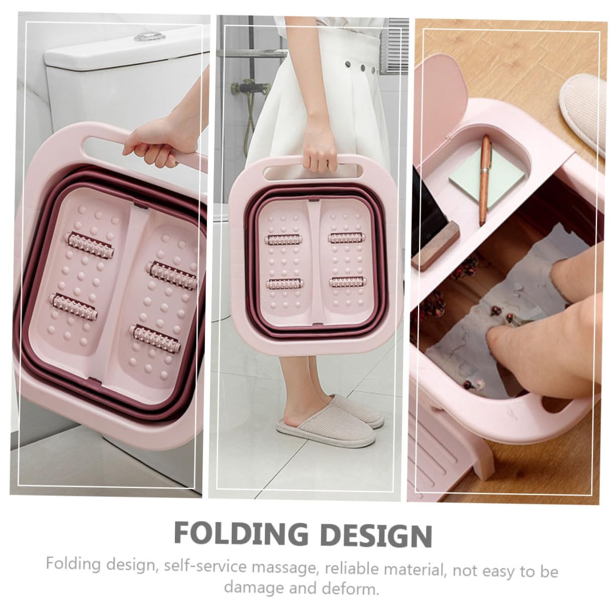 Cubo para Baño de Pies Plegable Grande Rodillos PP Rosa | Cubo para Remojar Pies, Baño de Pies Masaje Automático, Fácil de Guardar, para Familia y Viajes