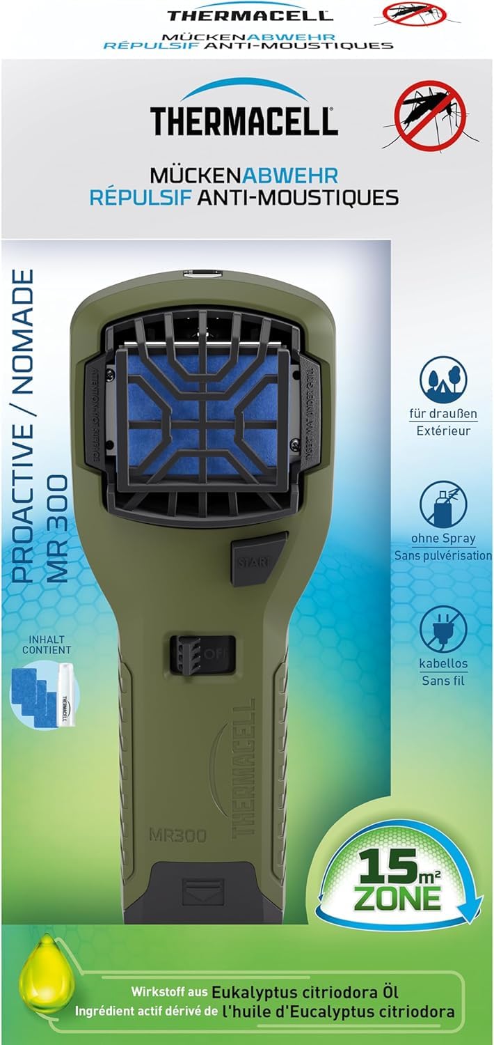 THERMACELL Diffuseur Anti Moustiques Portable Nomade - 15m² - 12h - Vert | Répulsif - Inodore - 1 Cartouche Gaz + 3 Plaquettes - THNATNOMADVERT