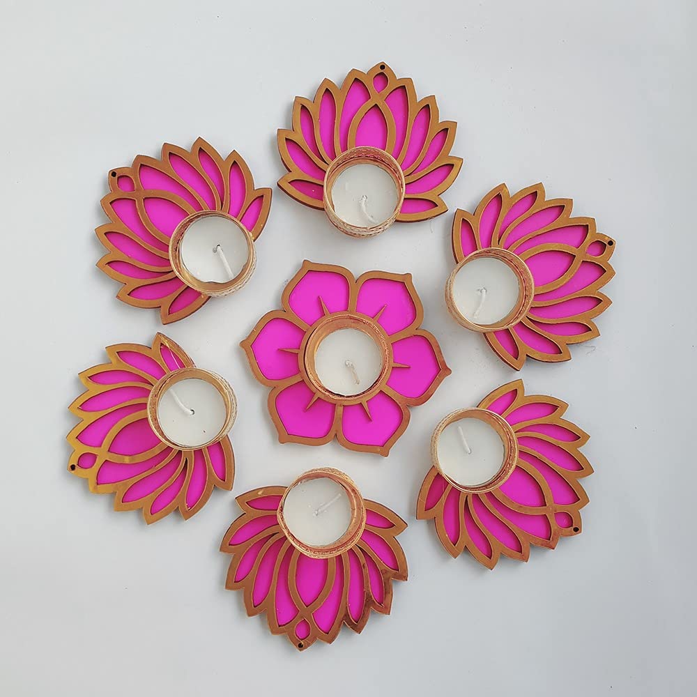GIFT JAIPUR Handmade 7 Pc Pink Lotus Flower Diya Rangoli Candles with Wax for Diwali Ganesh Chaturthi Laxmi Pooja Home Temple Rangoli Diya Floor Decoration