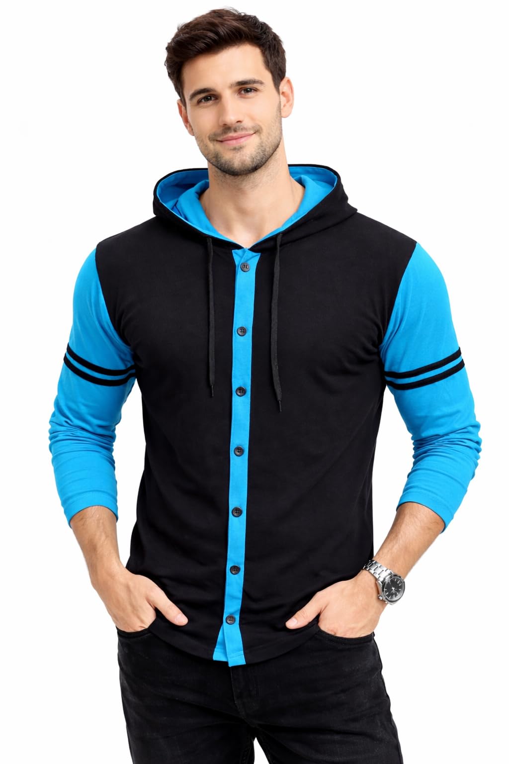 Men's Full Sleeve Hooded T-Shirt | Button Down Casual Hoodie with Sporty Stripe Design-image-41