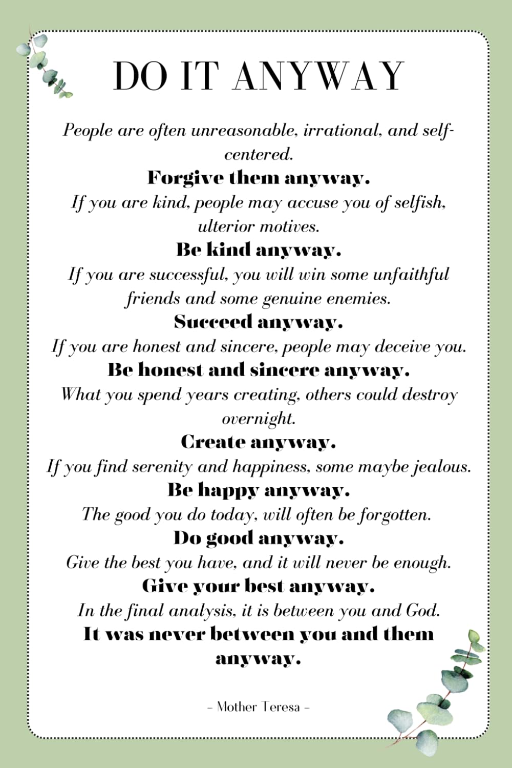 Mother Teresa Quotes - Do It Anyway Notebook: Motivational Quotes, Graduation Gifts, Positive Quotes, Therapist Office Decor, School Counselor - Inspiring Words, Motivational Typography Quotes Paperback – 24 Sept. 2023