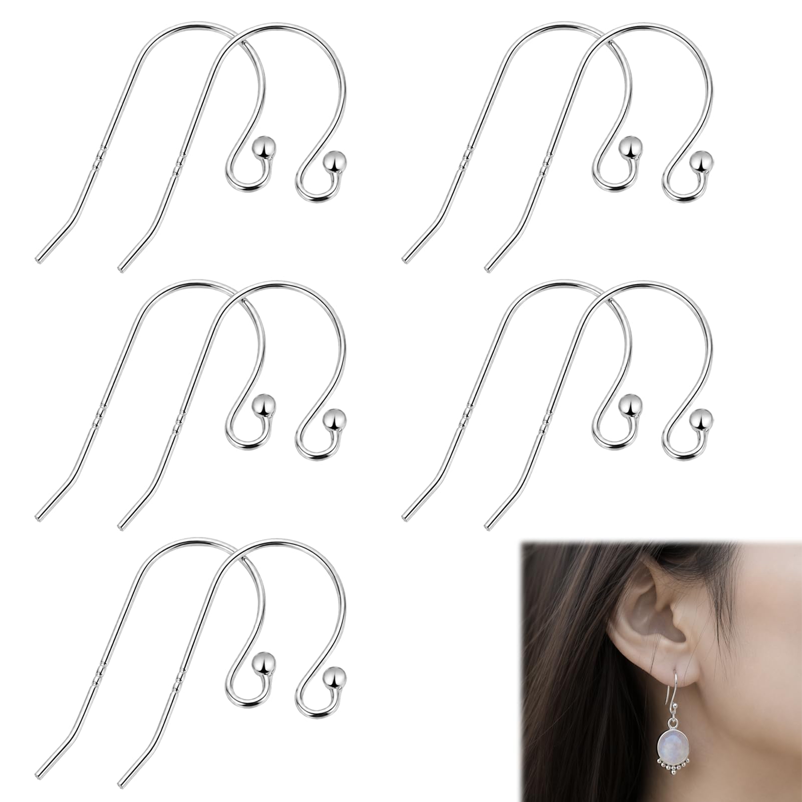 5 Pairs Solid Silver 925 Earring Hooks, Silver Earring Hooks 925, French Ball Dangle Earwire Hook, Nicklel Free Ear Wires for Jewelry Making