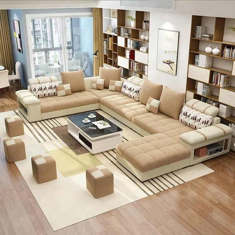 Image of Tyler 9 Seater Sofa Set for Living Room | U Shape Sectional Fabric Sofa Set with 4 Puffy | L Shape Sofas (Cream & Beige)