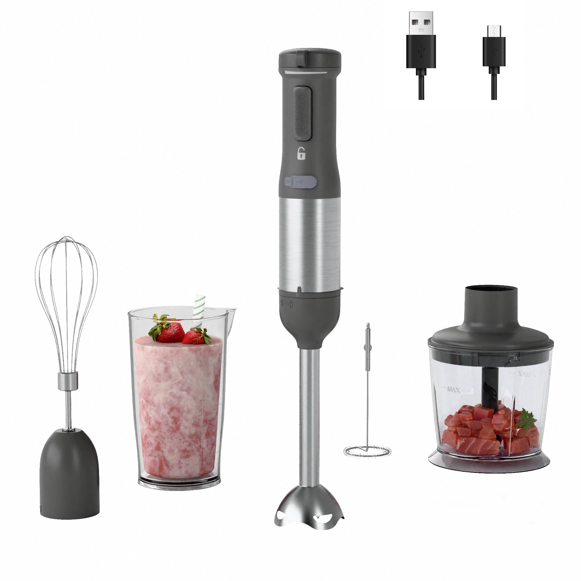 Cordless Immersion Hand Blender 5-in-1 Variable Speed blender handheld Rechargeable with 2000mAh Battery BPA-Free Dishwasher-Safe Accessories 700ml Beaker