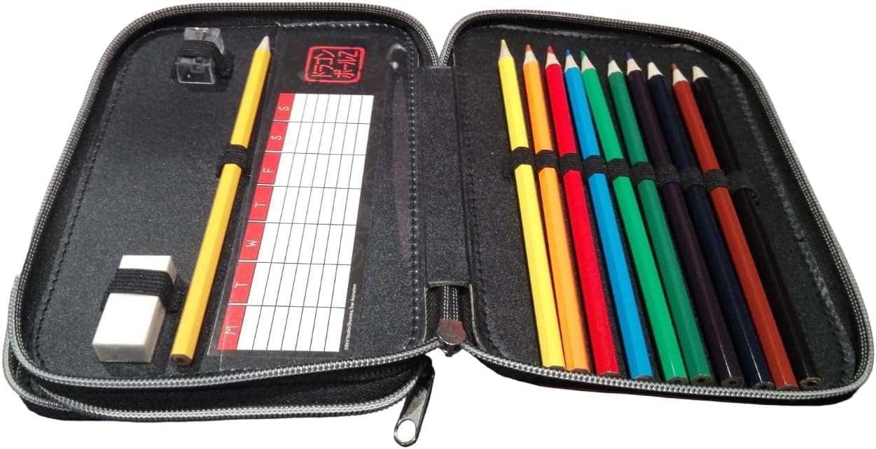 PRESTIGE & DELUXE Zaino Scuola 0ne Piece Nero Tondo 3 Scomparti zip per bambini primaria media + Astuccio 2 piani completo