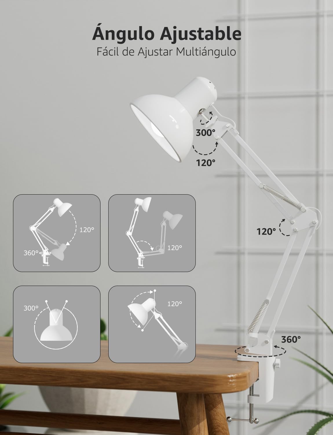 Lepro Lámpara Escritorio LED Industrial con Abrazadera Ajustable, Flexo LED Escritorio Metal Vintage 40W, Lámpara de Mesa de Noche para Cabecera, Estudio, Bombilla E27 No Incluida, Blanco