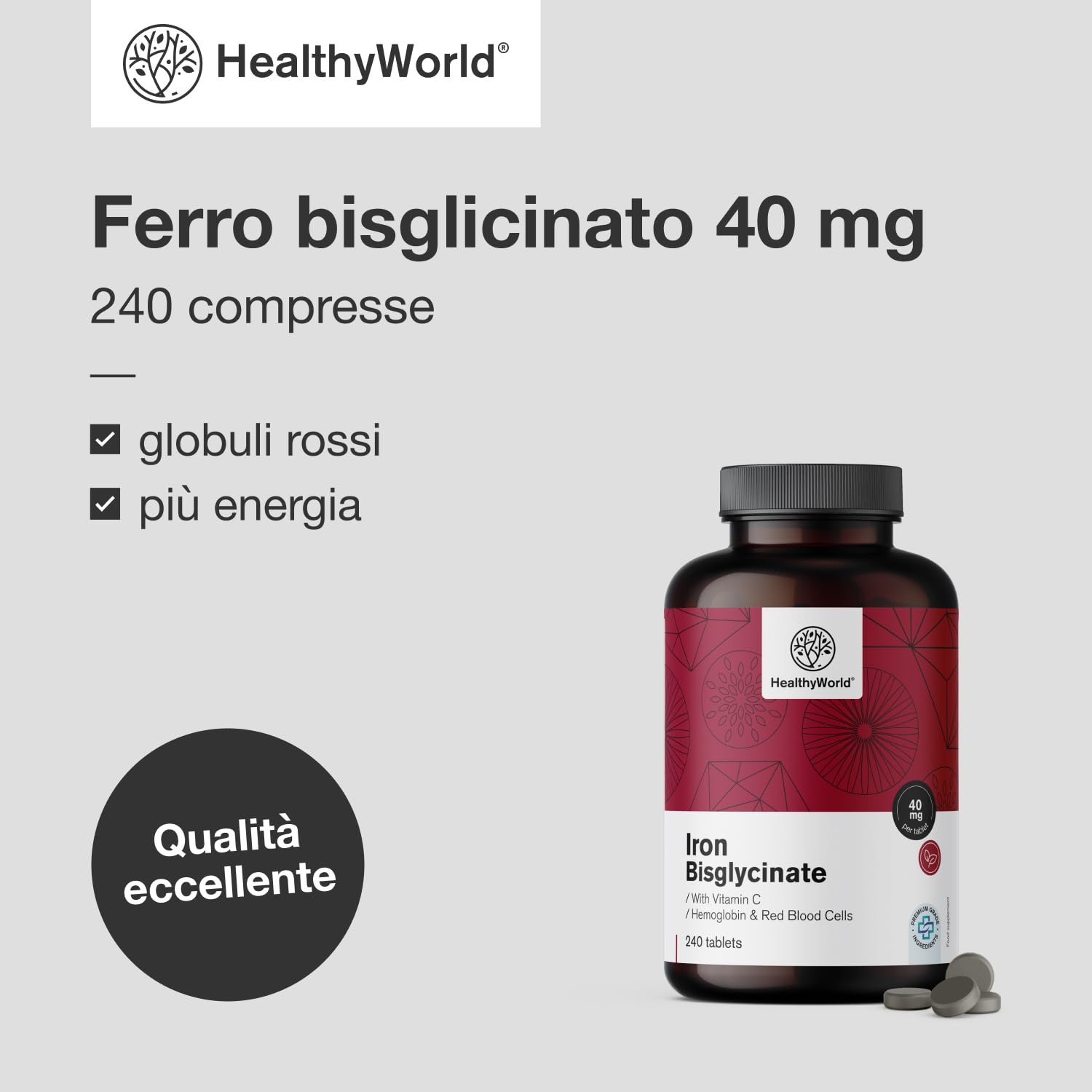 HealthyWorld® Ferro Bisglicinato 40 mg - Con Vitamina C - 240 Compresse - Fornitura per 8 mesi - Senza OGM e senza Coloranti Artificiali - 40 mg di Ferro, 40 mg di Vitamina C - La Massima Qualità