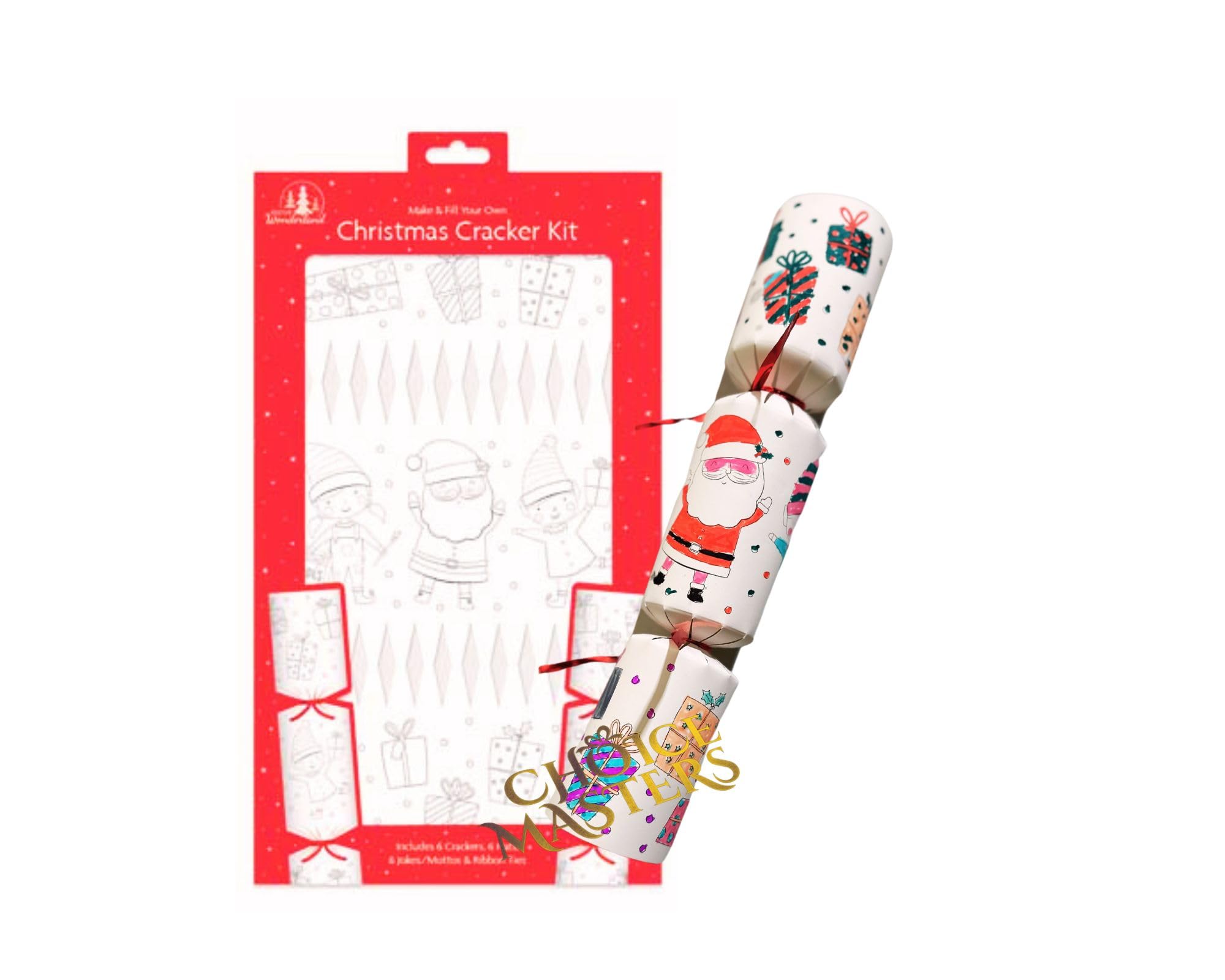 Sync'T Make and Fill Your Own Christmas Cracker Kit - Includes 6 Cracker Kit - Fill With Hats, Jokes/Mottos, Ribbon Ties & Snaps- 3 Designs (Colour Your Own)