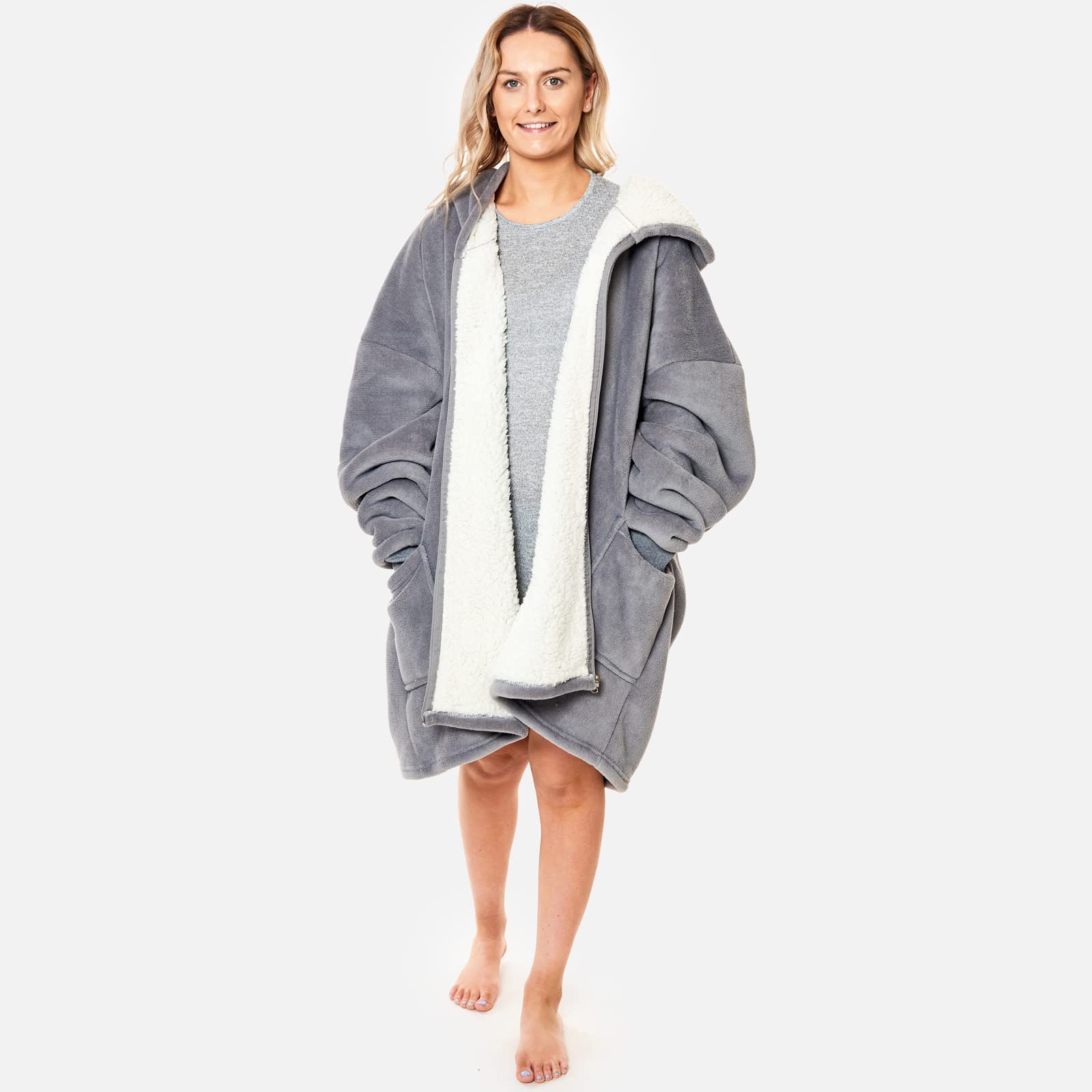 SiennaSienna Zip Up Oversized Blanket Hoodie Wearable Blanket Women Men Hooded Cosy Warm Sherpa Fleece Cardigan, One Size - Charcoal Grey