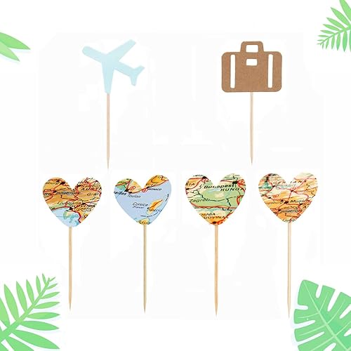 Miniatura 4 de Morndew 24 piezas de decoración de viaje para cupcakes, mapa de avión, corazón, corazón, decoración para tartas para el mundo que espera viajes,