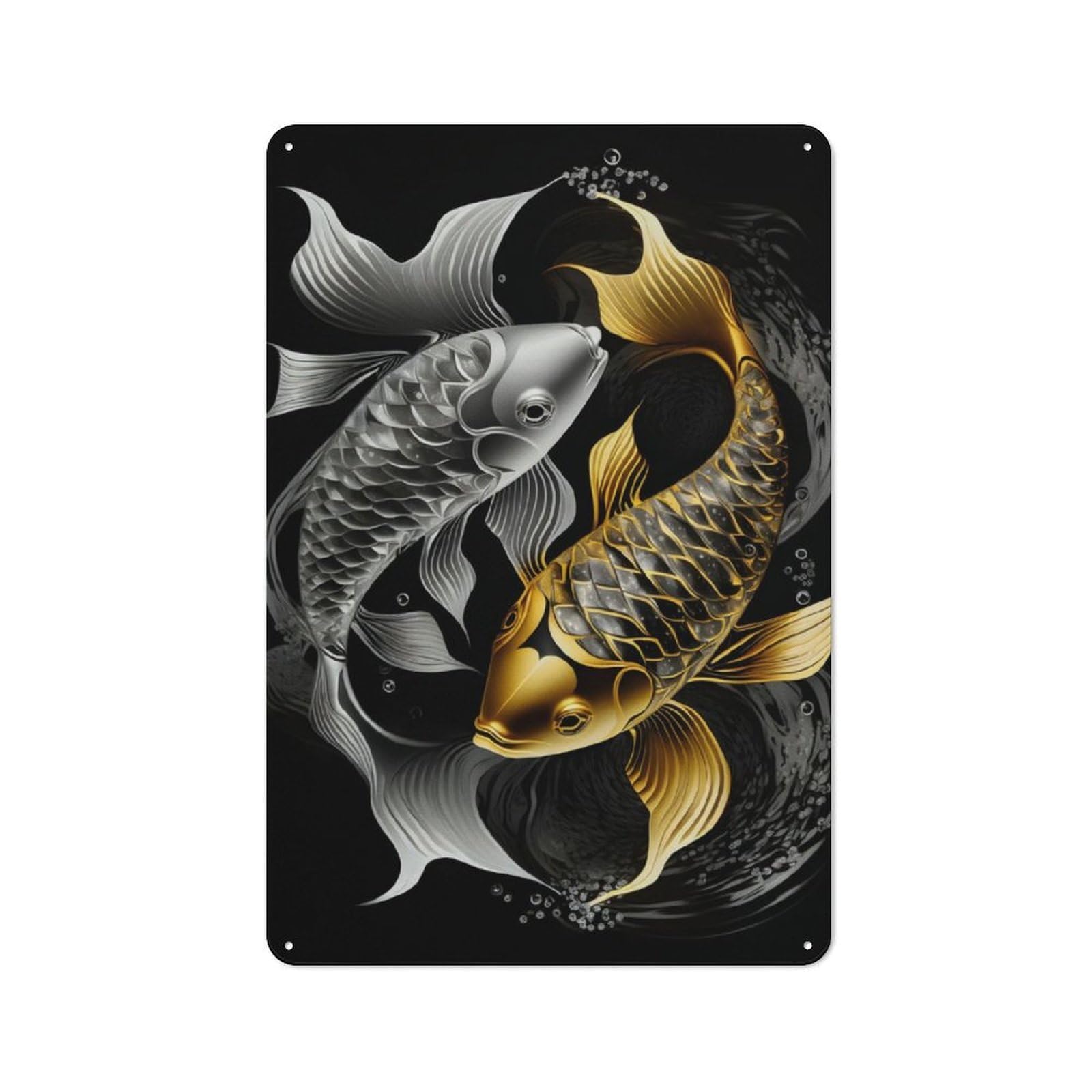 Junmoney Koi Fish Silver Gold Rustic Tin Wall Plaque 30X20cm For Studio Or Craft Room, For Garage, Workshop And Man Cave Decoration